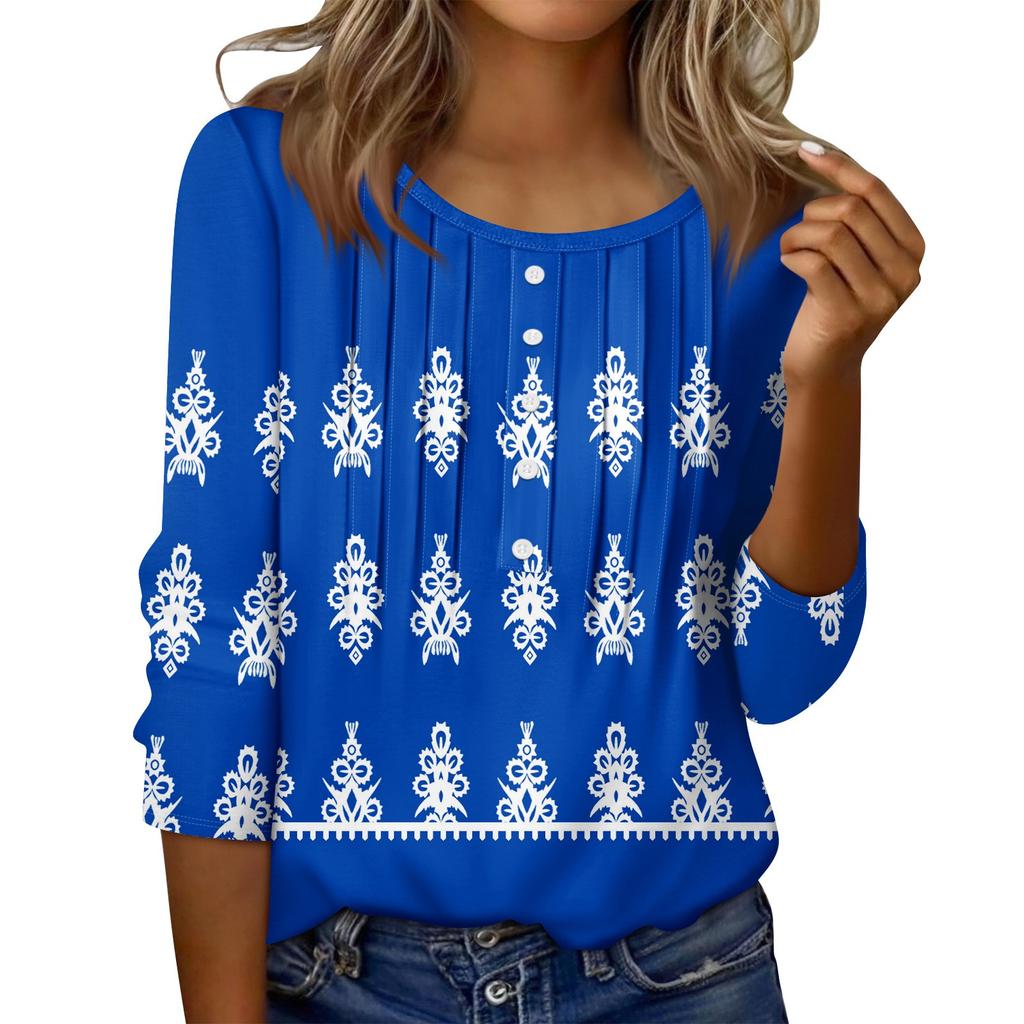 Women's Round Neck Pull Stripe Decorative Button Top Casual Solid Color 3/4 Sleeve T Shirt
