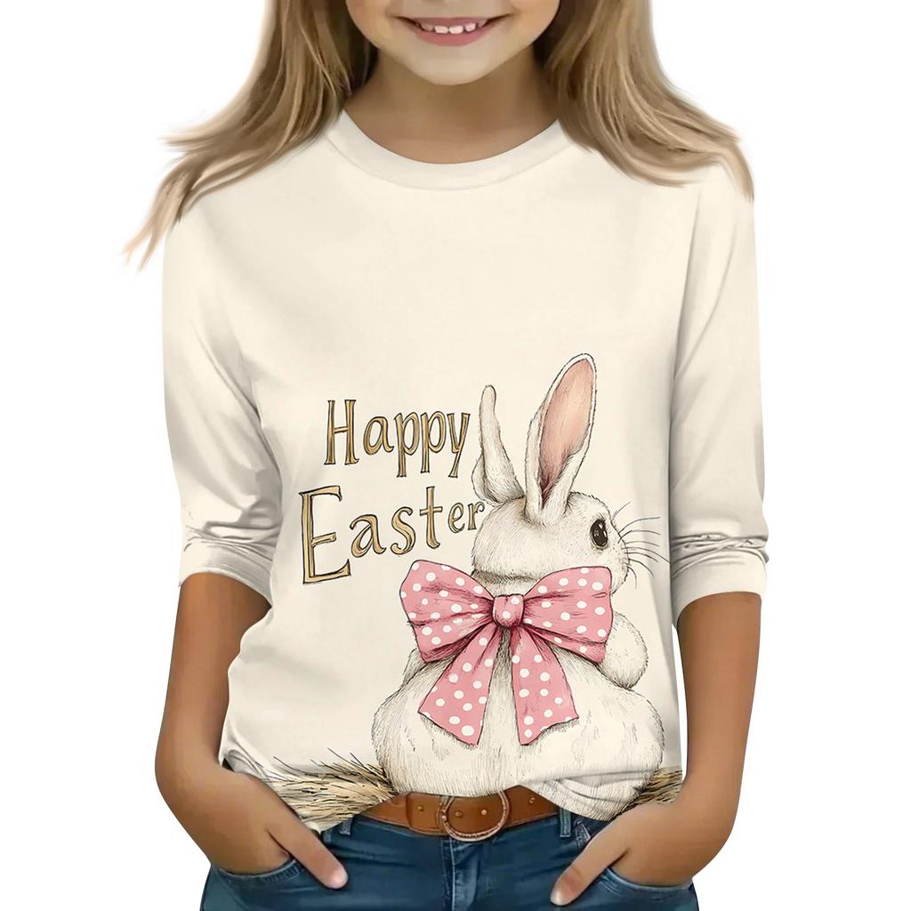 Children's 3/4 Sleeve Tops Casual Print T Shirt Round Neck Pullover Blouse