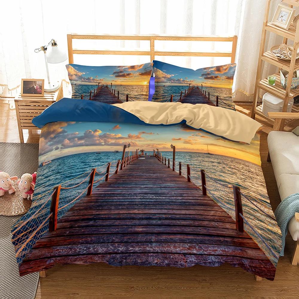 Druck Hawaiianische Landschaft Bettwäsche Set Meereswelle Sonnenaufgang Bettbezug mit Kissenbezug Mikrofaser Stoff Dekbed Overtrek Bettbezug Set