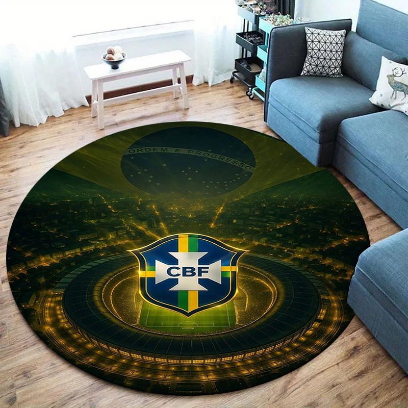 Brazil National Football Team Round Area Rug,Carpet Rug for Living Room Bedroom Sofa Playroom Decor,Non-slip Floor Mat