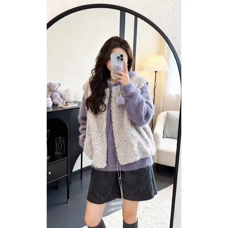 

Winter 2026 Women s Korean-Style Plush Vest, Hooded Knit Sweater, and Shorts Outfit M