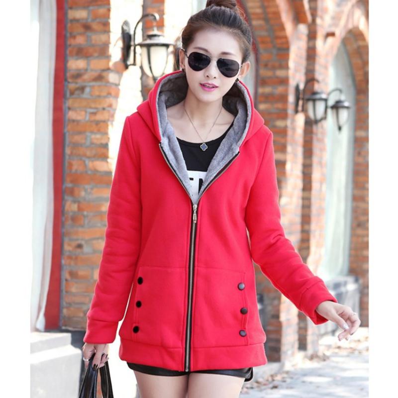 Women's Casual Fleece Hooded Jacket, Solid Color Long Sleeve Zip-Up Sweatshirt Fall/Winter Outerwear