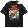 Bleib Positiv Cartoon Print Damen Wasch-T-Shirt Atmungsaktiv Bequem Kurzarm Mode Cooles T-Shirt Used-Look Rundhalsausschnitt Kleidung