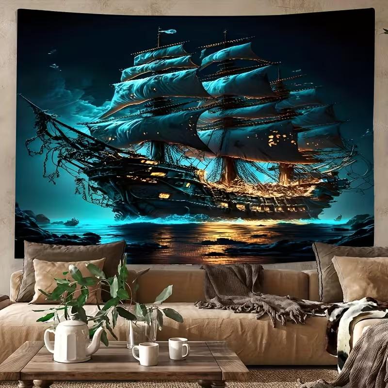 2D Fantasy Pirate Ship Tapestry Night Ocean Nautical Party Photoshoot Banner 47.2x31.5inch/120*80cm