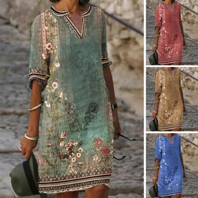 Abito da Donna Stile Etnico Scollo a V Lunghezza al Ginocchio A Contatto con la Pelle Vestibilità Ampia Decorativo Poliestere Primavera Estate Abito A-line Rilassato da Donna