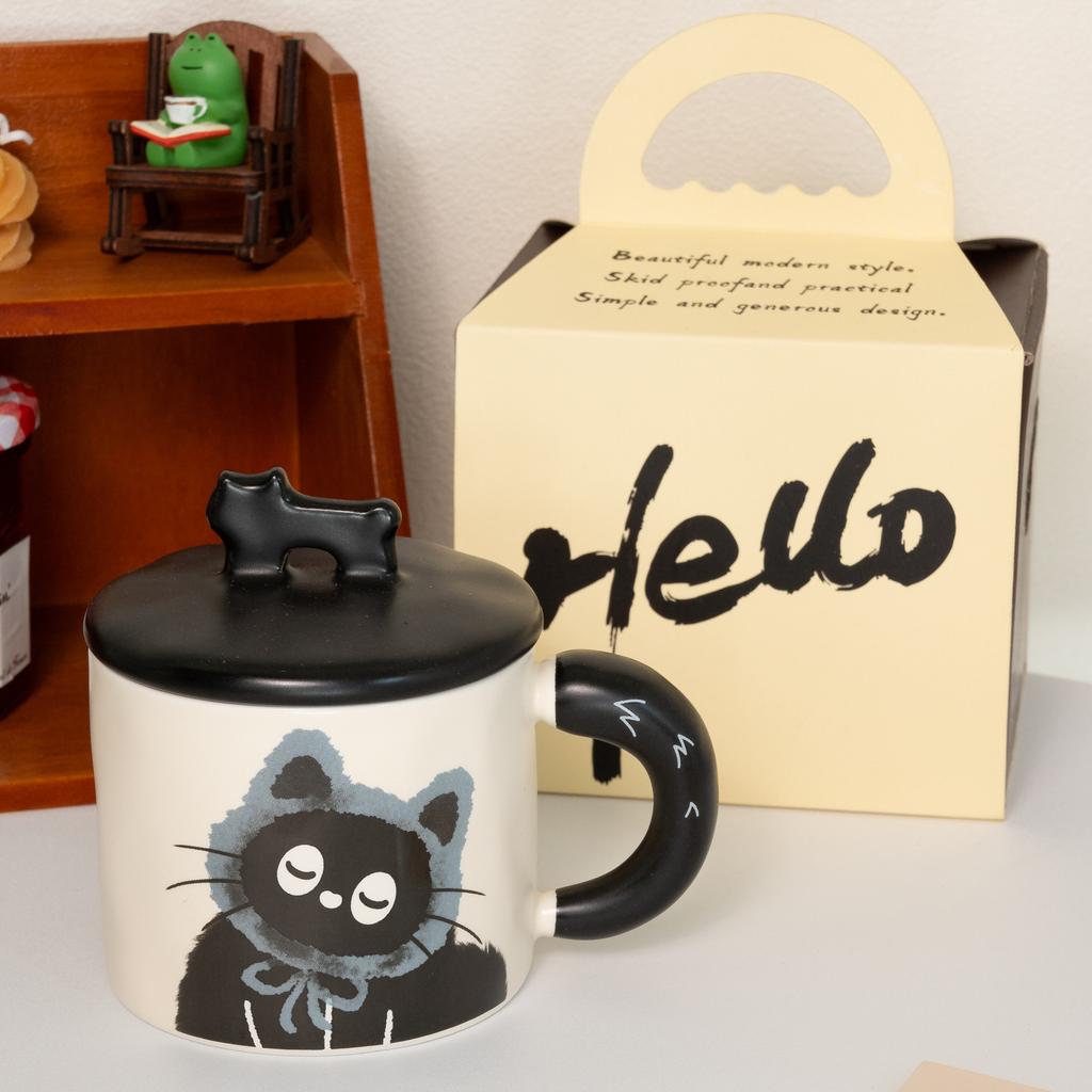 Cat Mug Retro Design Ceramic Water Cup With Lid Gift Box With Souvenir, High-End Cup Cartoon Girl