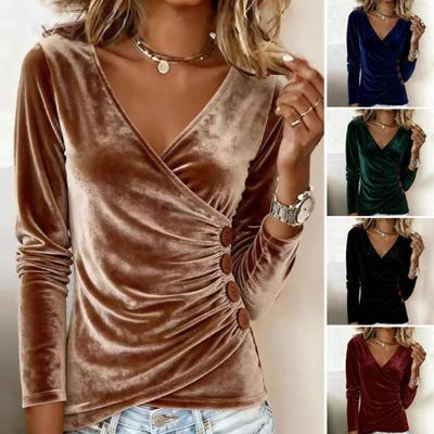 Top da Donna Slim Fit Scollo a V Manica Lunga Morbido Elastico Pullover Colore Unico Design Pieghe Laterali Decorazione Bottoni Camicetta Casual