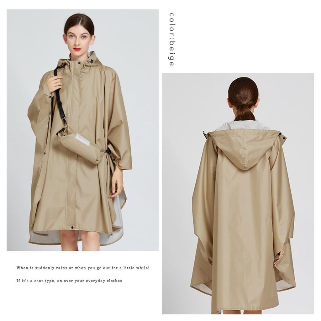 Raincoat Poncho Bicycle Backpack Rainwear Rain Poncho Lightweight Storage Bag Pocket Double Layer Knee Length Women Men (Beige)