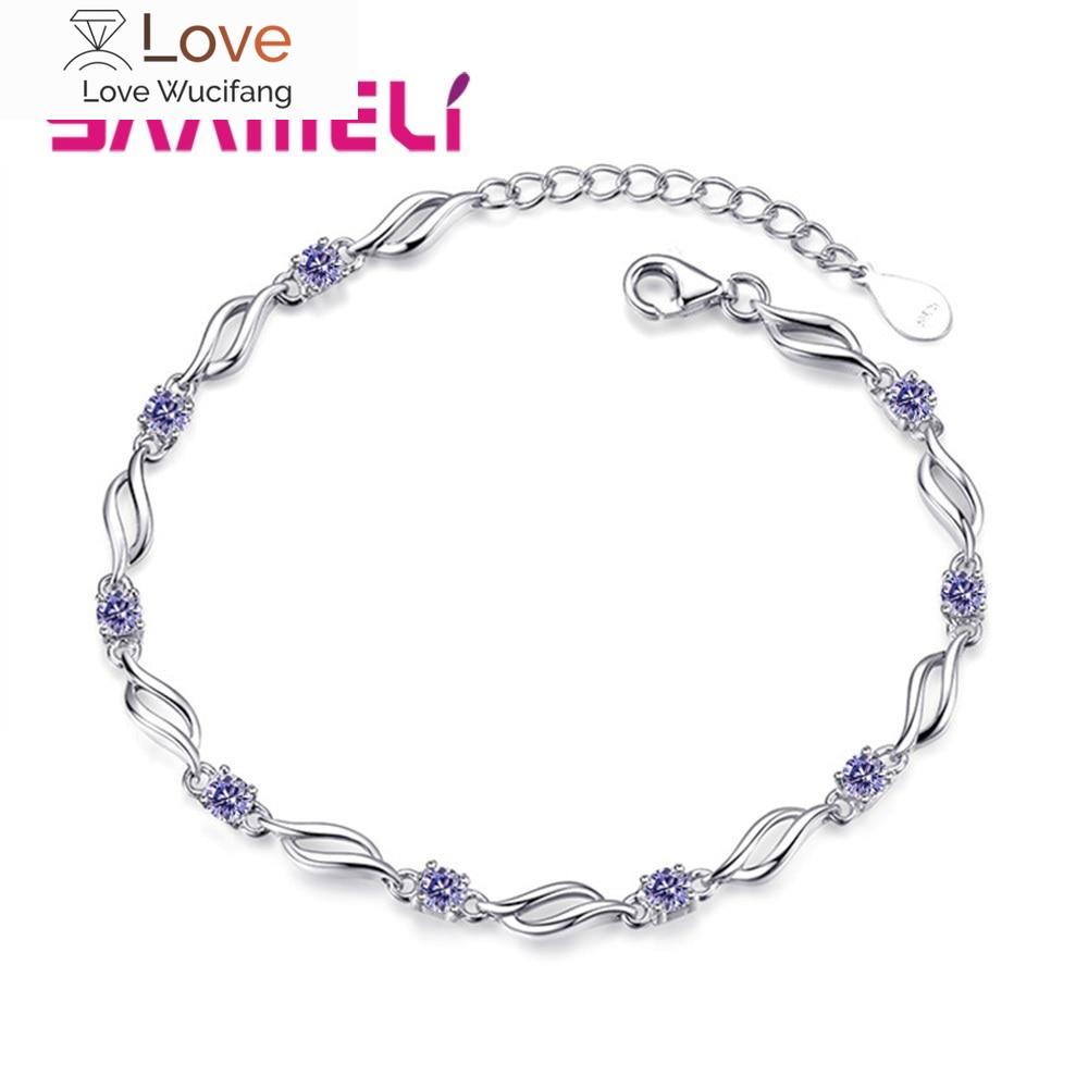 Neu Lila Weiß Zirkon Engagement Schmuck Für Frauen Weibliche 925 Sterling Silber Link Kette Armbänder Armreifen Anmutigen Design