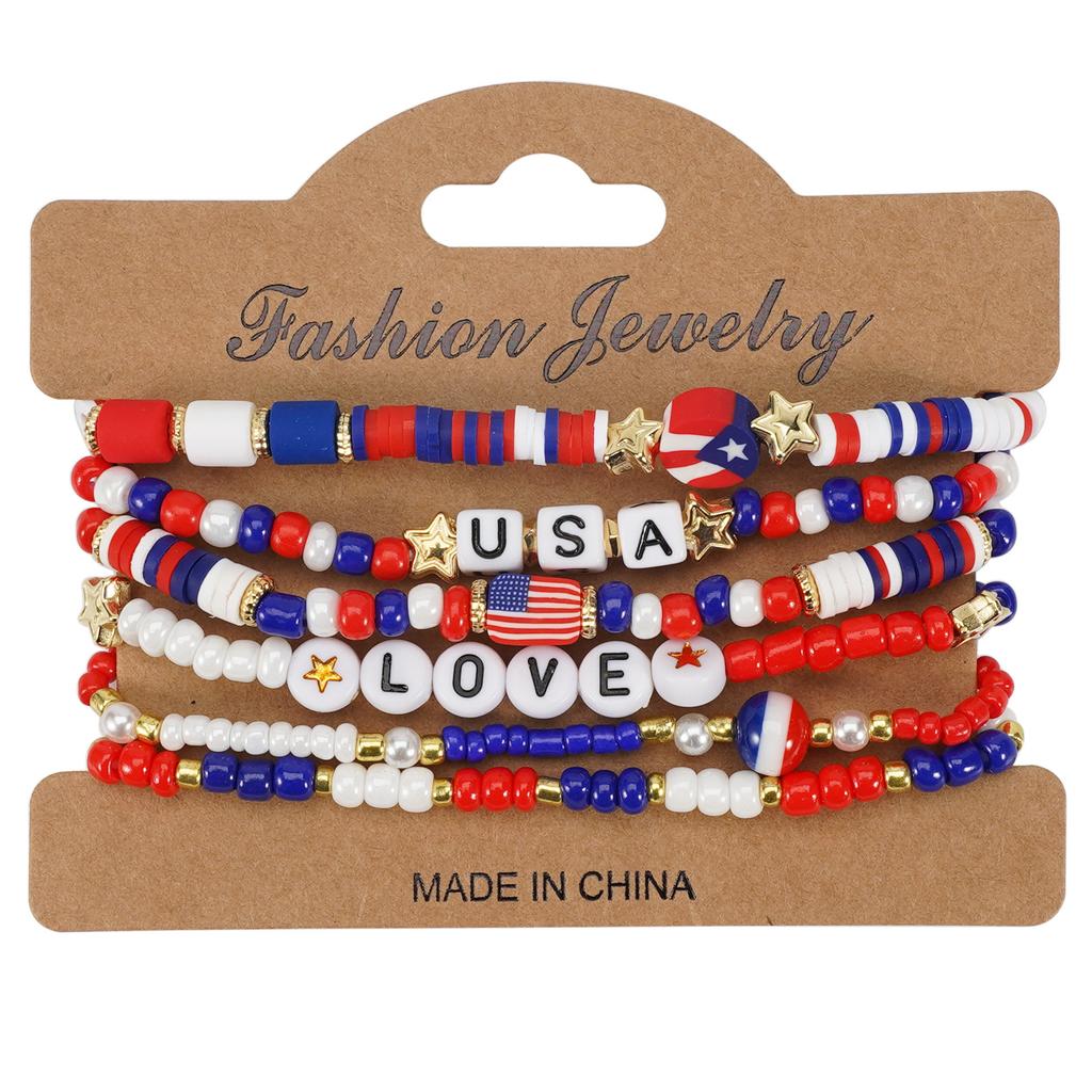 2025 New American Independence Day Bracelet Red White Blue Flag Soft Ceramic Beaded Patriotic