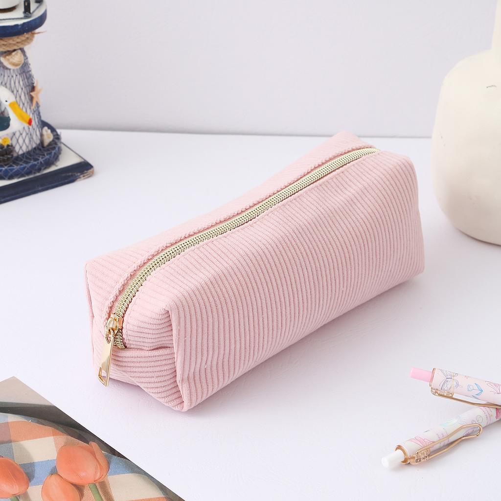 1 PC Solid Color Striped Corduroy Pencil Case Portable Large Capacity Desktop Stationery Storage Student Back-to-School Gift