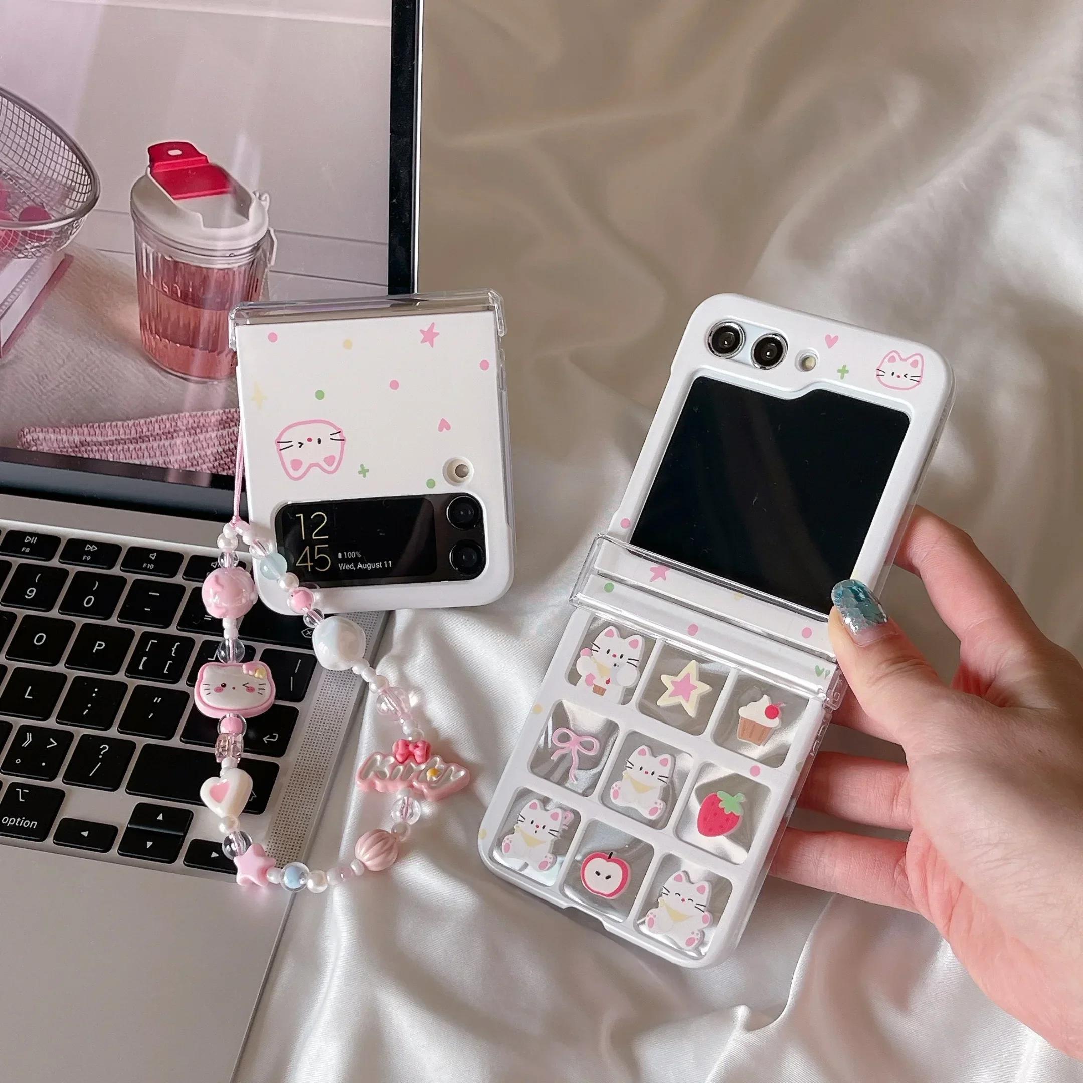 Yiran Bag Cute Cartoon Cat Case For Samsung Galaxy Z Flip 3 4 5 6 5G Flip6 Flip5 Protection Lovely Flip4 3-Piece Set Hinge Fashion Cover