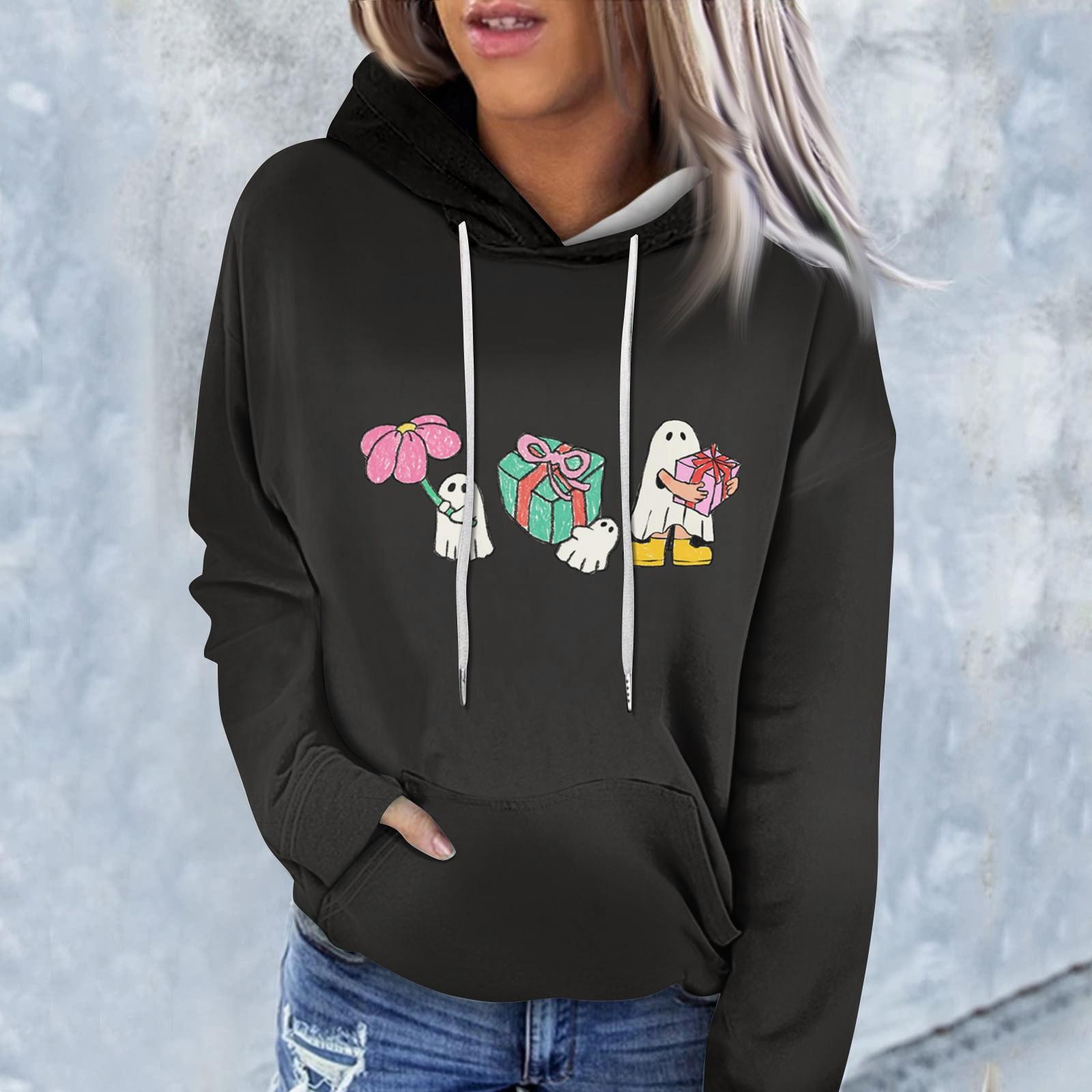 

Женская модная повседневная толстовка с капюшоном и длинным рукавом с принтом на Хэллоуин L чёрный