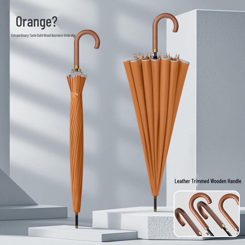 Men's Extra Large 24-Rib Solid Color Business Umbrella with Wooden Handle and Logo Print