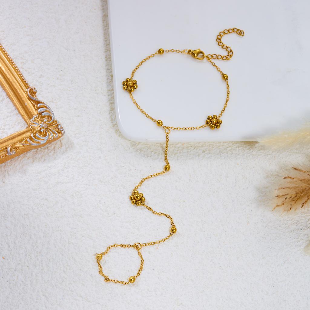 Stainless Steel Crystal Flower Hand Chain Ring Bracelet for Women Gold Plated Beads Adjustable Bracelets Party Wedding Jewelry