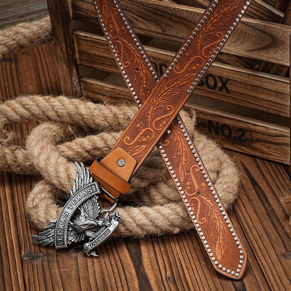 Men & Women-Western-Cowboy-PU Leather-Belts - Vintage horse Belt Floral Engraved Buckle Belt for Jeans