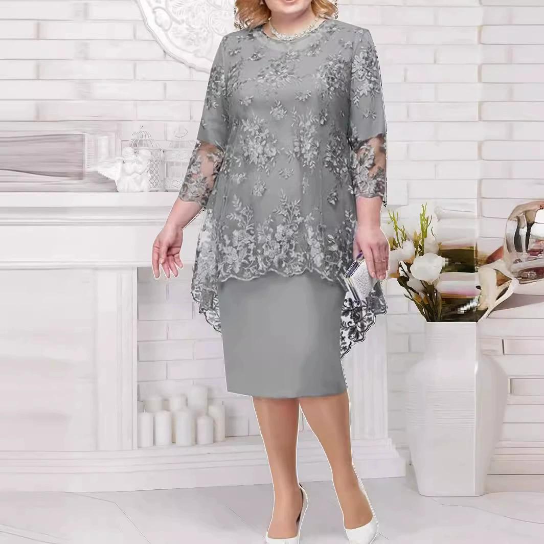 

Платье большого размера, женское вечернее платье, комплект из двух предметов с вышивкой из кружева Heavy Industry, темперамент, для поездок на работу, облегающий крой 2XL серый