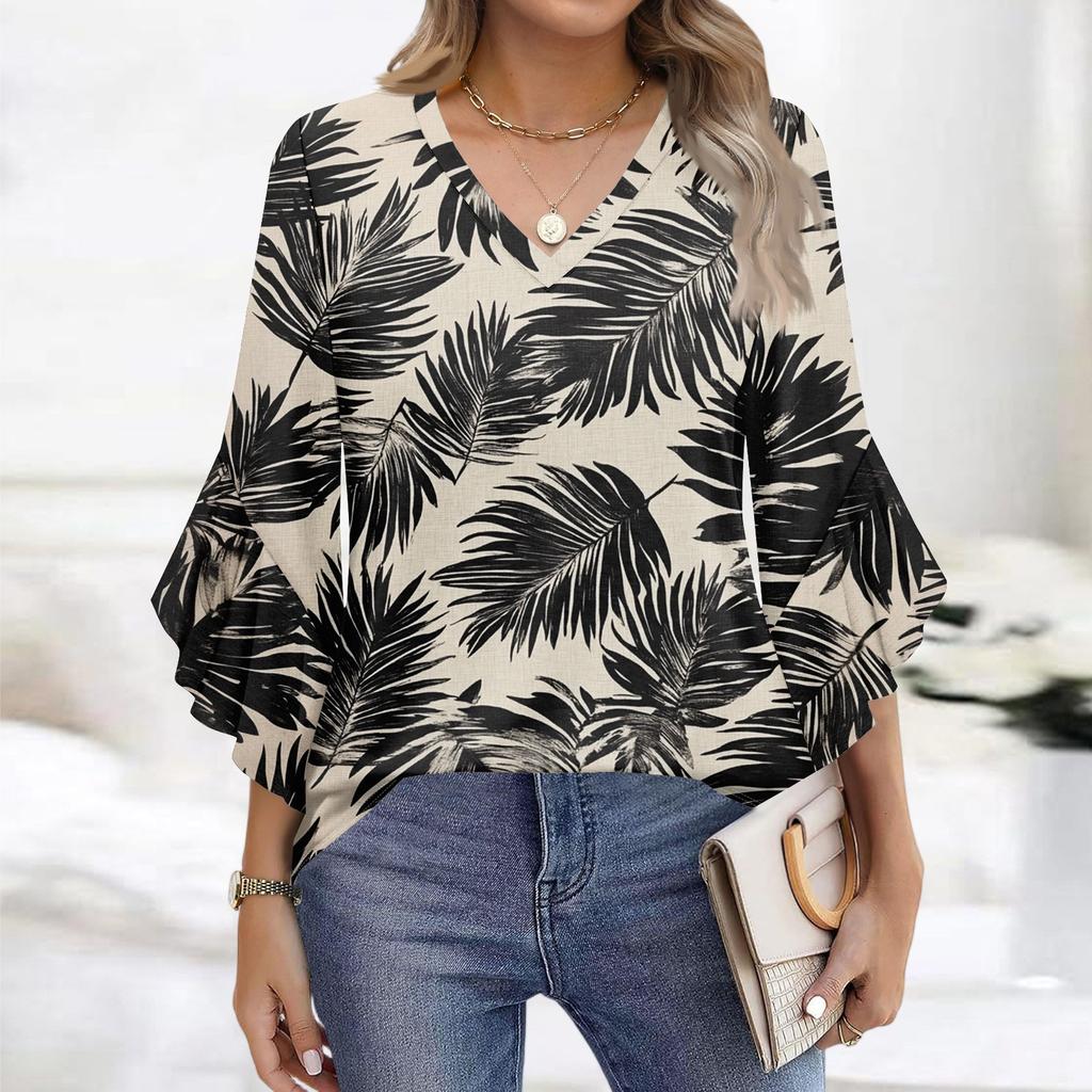 Blouses For Women Dressy Casual 3/4 Length Sleeve Womens Tops V Neck Tshirts Shirts With Flared Sleeve