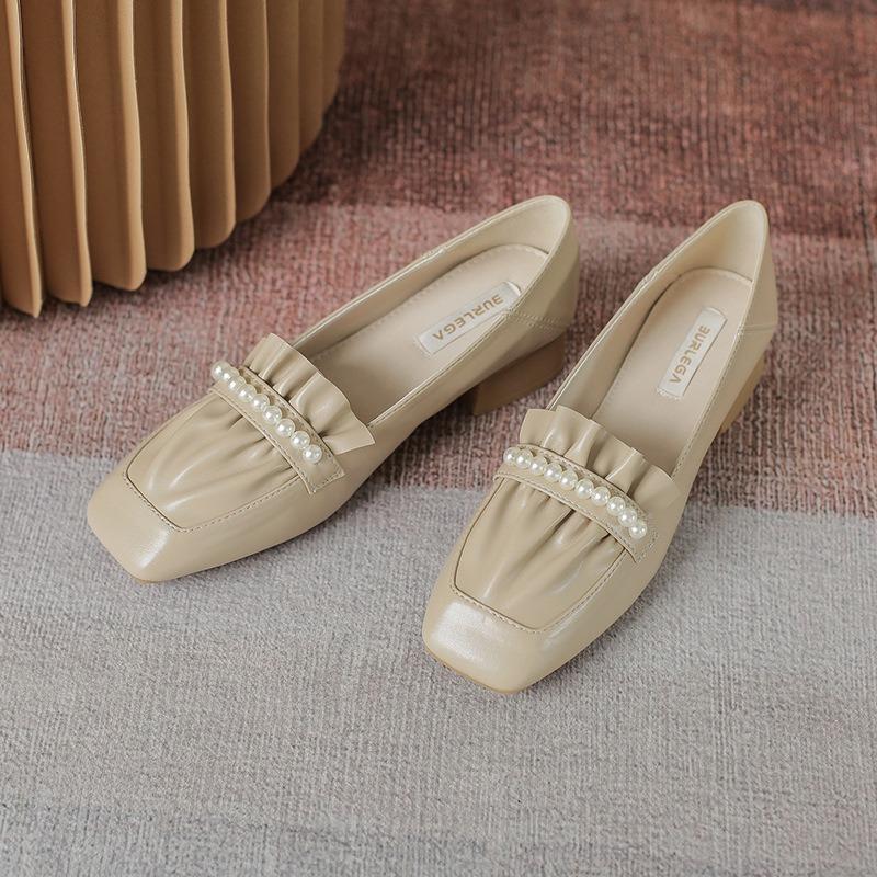 Autumn New Shallow Thick Heel Pleated Shoes Women's Pearl Soft Versatile Square Head Thick Heel Single Shoes Women