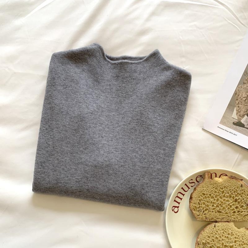 Cream Yellow Stand Collar Knit Sweater Women Spring Korean Versatile Long Sleeve Top Inner Wear Base Layer