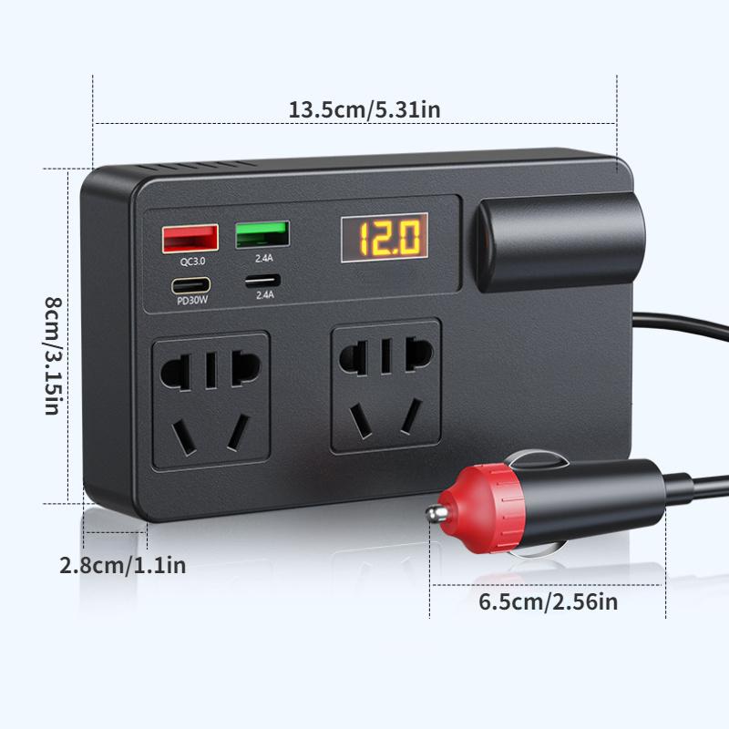 Intelligenter 4-Port-Auto-Wechselrichter mit QC3.0, Typ-C PD und LED-Anzeige – Universelles 12–24-V-Fahrzeugladegerät