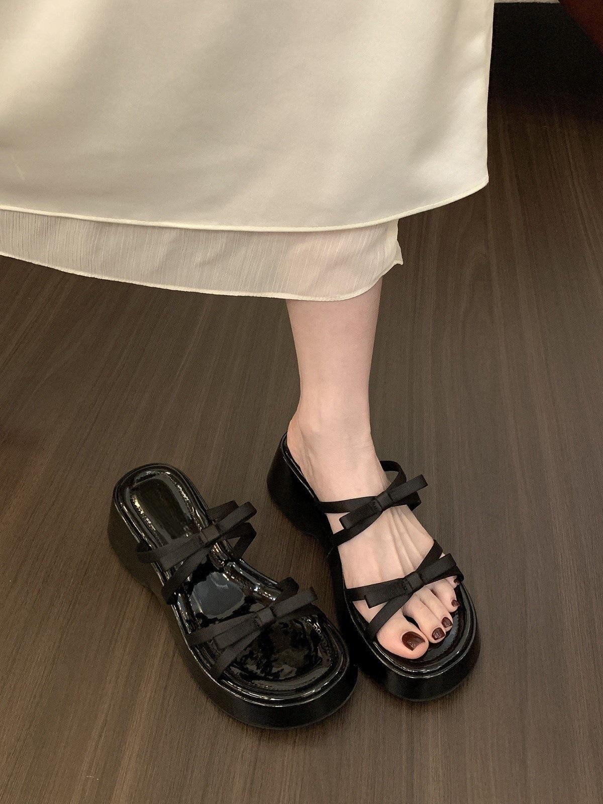 

Beautiful bow with platform slippers female summer wear fairy style open-toed wedge heel sandals high heels 35 чёрный