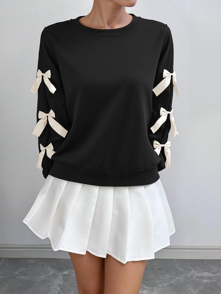 2025 Autumn Winter Women's Red Christmas Sweatshirt Sweet Style Round Neck Bowknot Pullover Top for Women