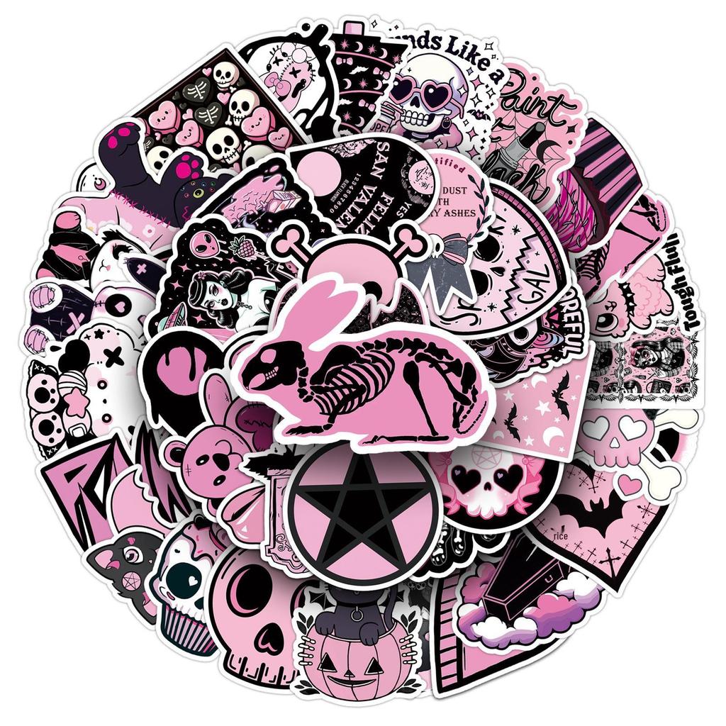 50 Pcs Black Pink Gothic Trendy Waterproof Stickers for Guitar, Fridge, Earphones