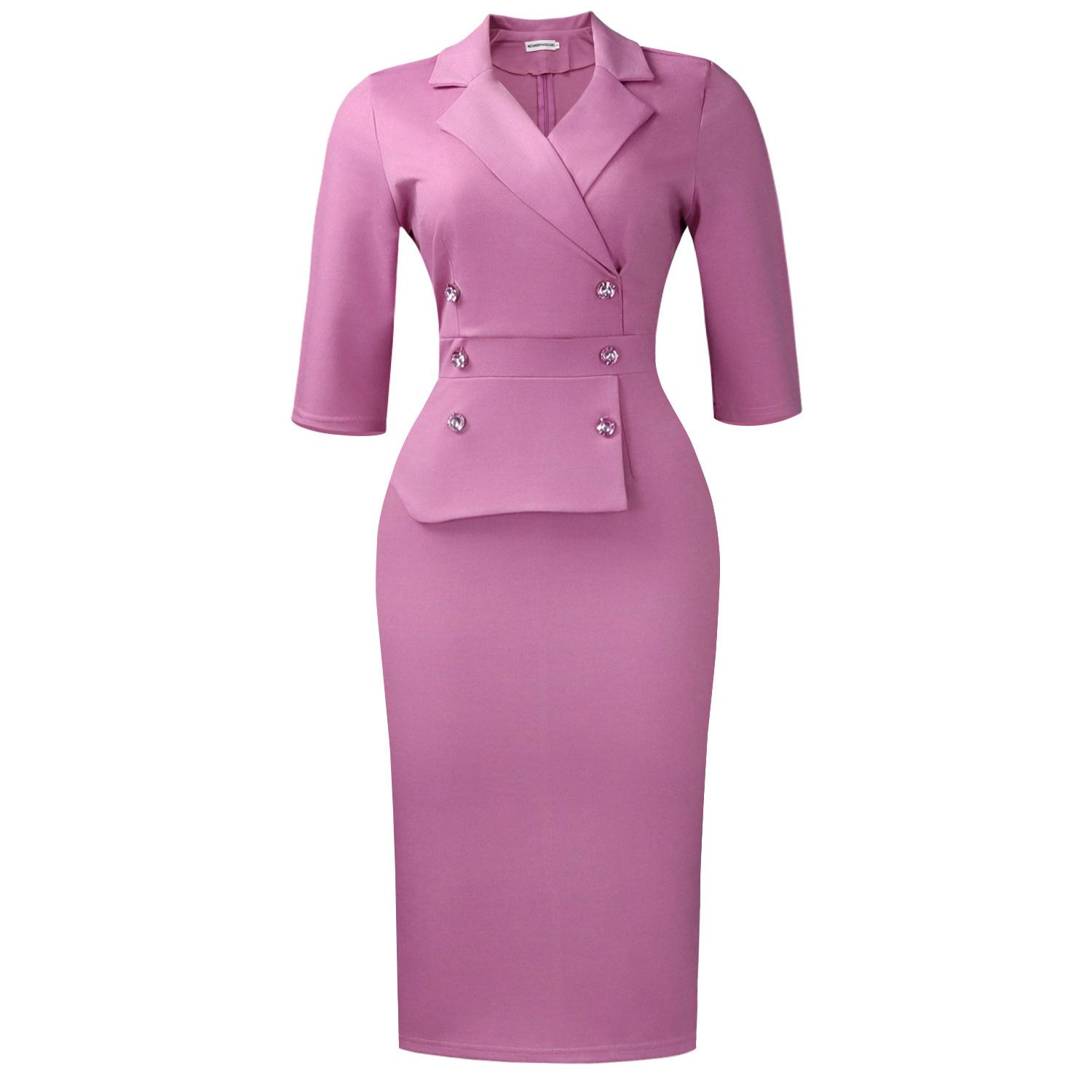 

Весенний Элегантный Костюмный Воротник Двубортный Облегающий Бедра Костюмный Воротник Высокая Талия Пятирукавное Платье Большого Размера S темно-розовый