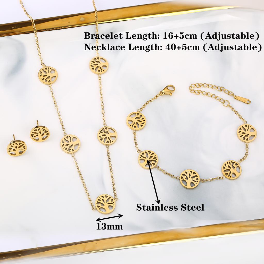 Top Quality Gold Plated Stainless Steel Tree Of Life Necklace Earrings Bracelet 3 Pcs Jewelry Set For Woman Girl Party Jewelry