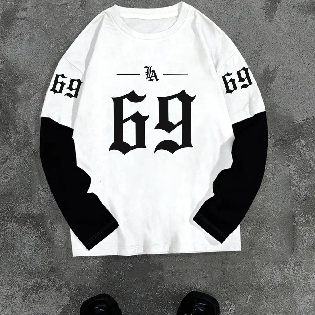 American College Style Patchwork Long-Sleeve T-Shirt with 69 Number Print, 2-in-1 Look, New Versatile College Trend Fashion Patchwork Top