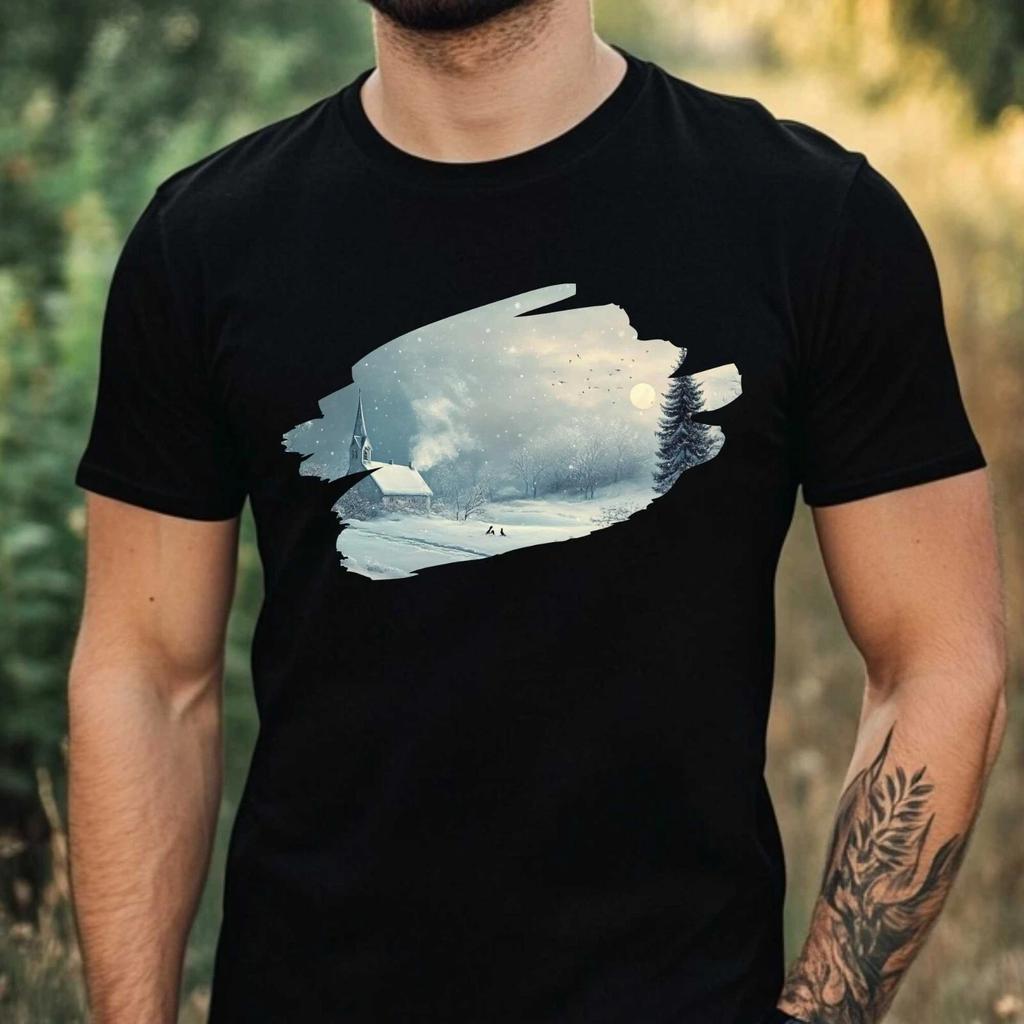 T-Shirt Herren Winterlandschaft Motiv Baumwolle Größe XS bis 5XL