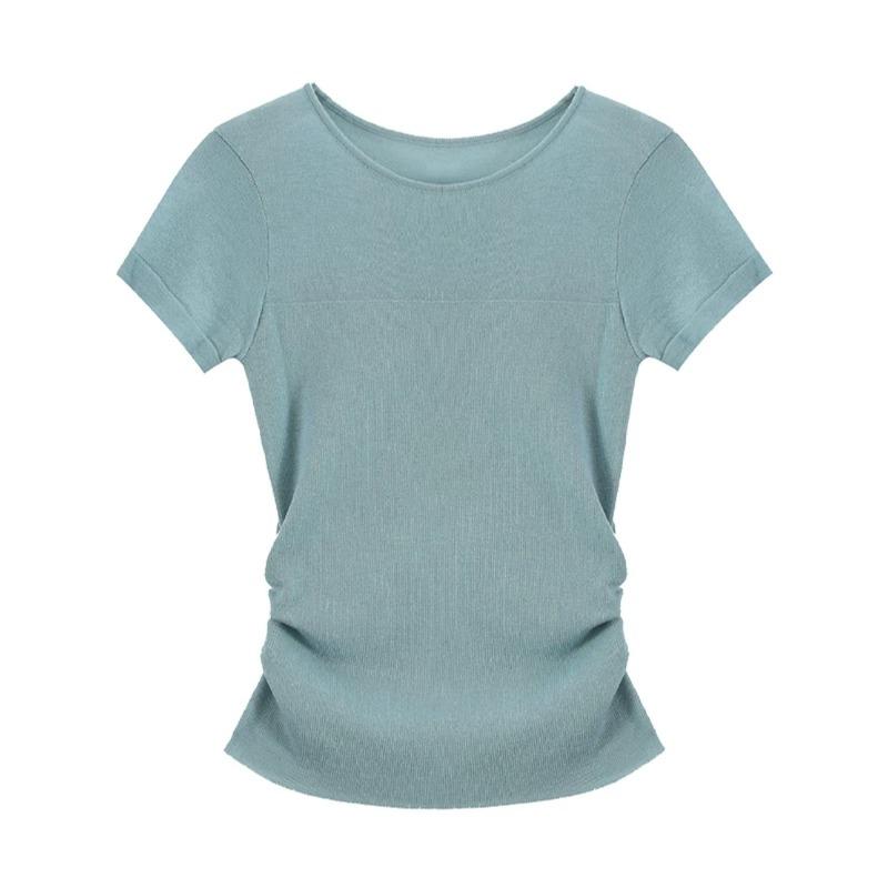 Korean Style Pure Waist-hugging and Pleated Thin Short-sleeved Knitted T-shirt In Summer Latest Slim Body