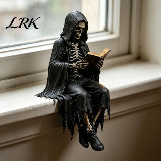 Zittend Magere Hein Model Gotische Dark Fantasy Figuur, Lezend Met Kap Standbeeld, Hars Skelet Standbeeld Halloween Figuurtje voor Boekenkast Huisdecoratie