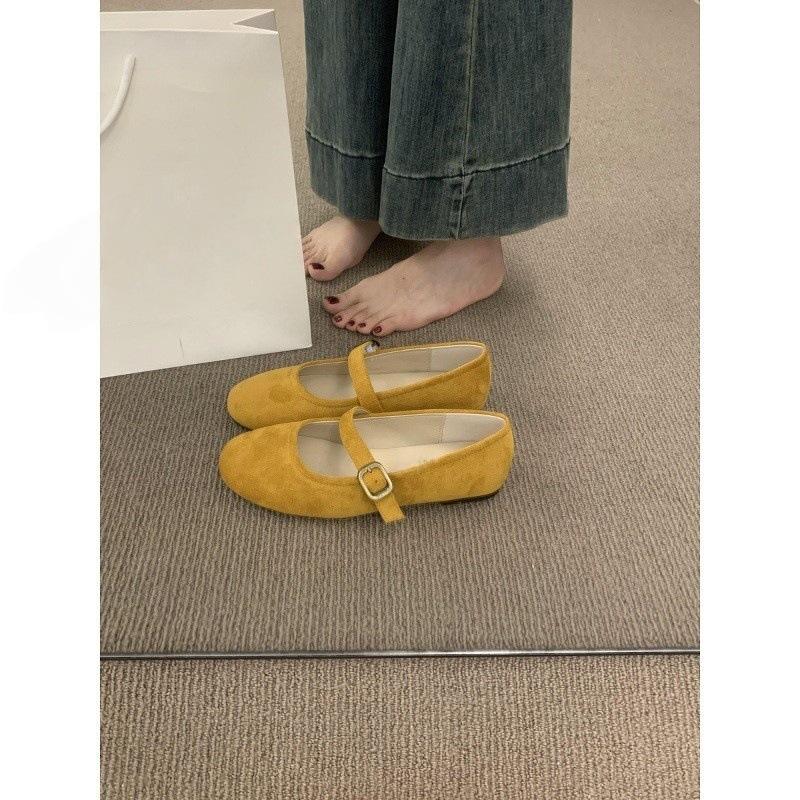 Simple and Versatile Word with Round Head Suede Mary Jane Shoes Are Versatile and Not Tired of Feet, Flat Bottom Doudou Ballet Single Shoes Women