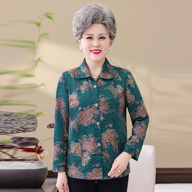 

Mom s Spring & Autumn Lapel Shirt - Long-Sleeved, Lightweight, Elderly Women s Jacket 5XL [145-160 jin] зелений