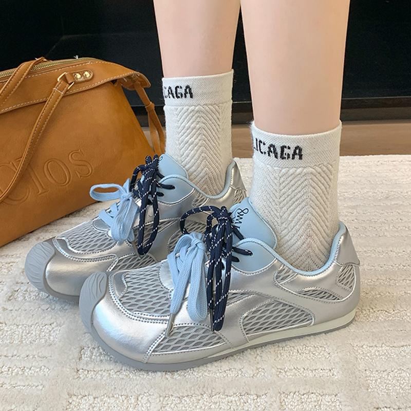 Fashion Brand Design Mesh Splicing Lace Up Sneakers Women 2025 Summer Fashion Round Toe Soft Sole Running Shoes Breathable Summer Shoes