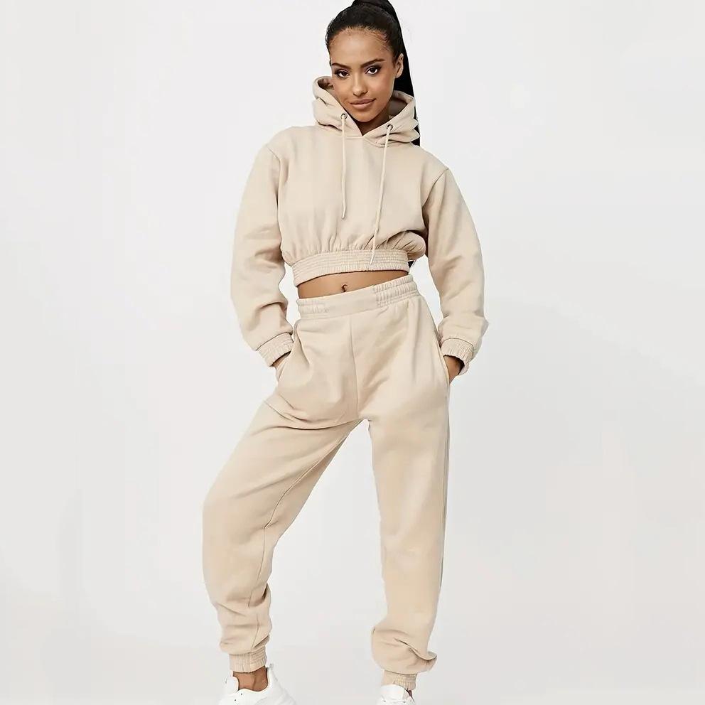 1116 European and American women's clothing velvet urban leisure sports leisure drawstring hooded trousers set