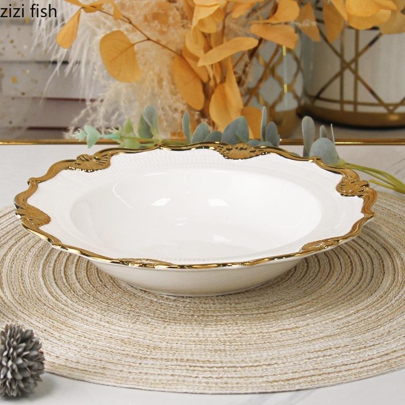 Ceramic Gold Edged Dining Plate Fish Plate Steak Plates Pasta Dish Fruit Dish Salad Bowl Soup Bowl Dessert Plates Coffee Cup Mug