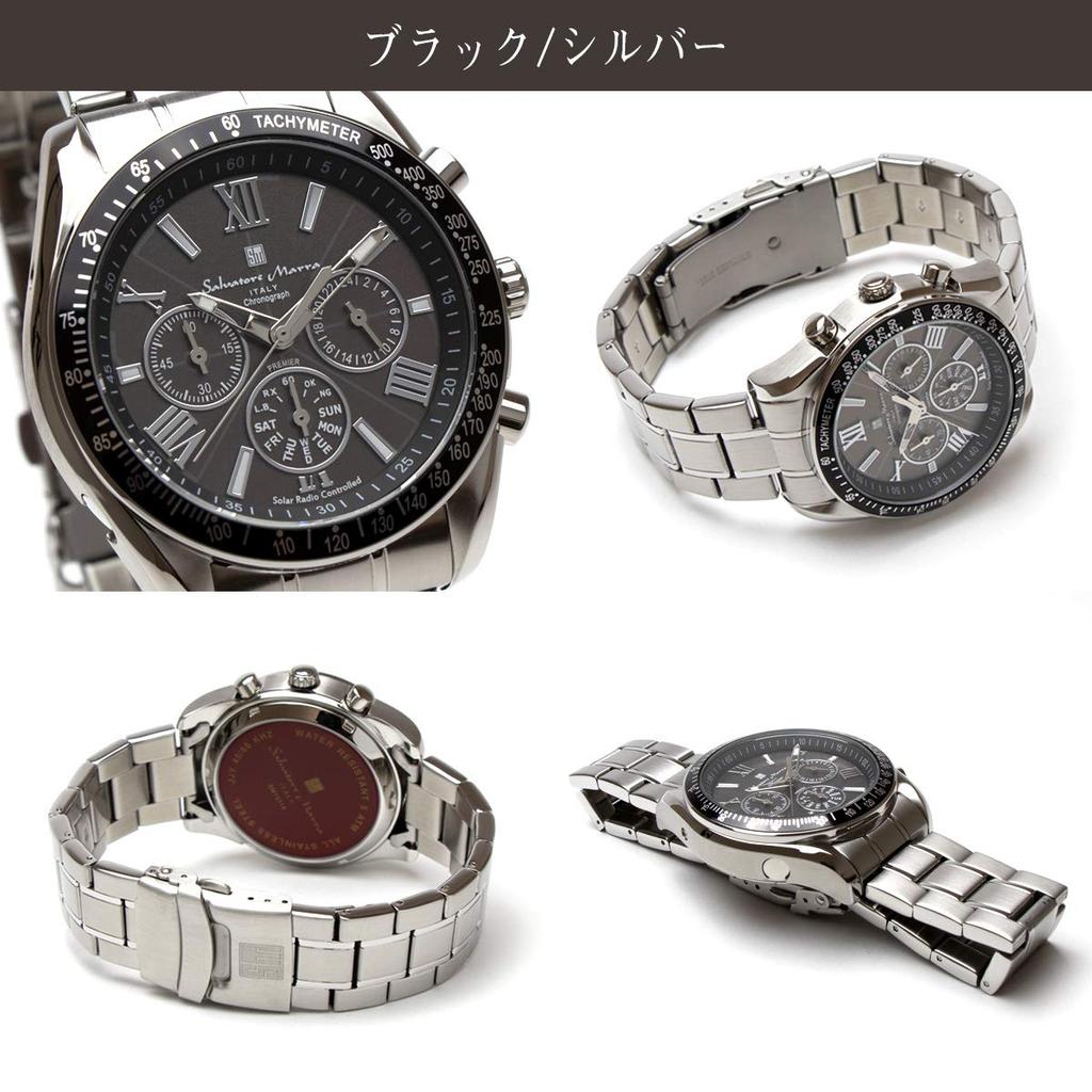 Salvatore Marra Solar Chronograph Watch for Model Business Radio-Controlled Men, SM-15116SSBKSV, Watch, Black/Silver