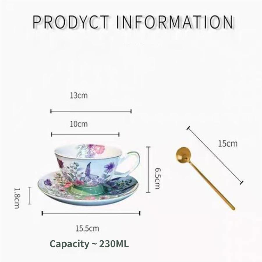 Set Tazza e Sottotazza in Ceramica Floreale con Farfalla, Stile Giardino, con Cucchiaino, Scatola Regalo, 230ml per il Tè del Pomeriggio