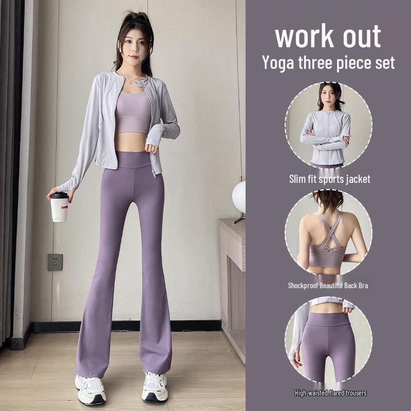 Damen Frühling/Herbst 2024 High-End Sport Fitness Yoga Set: Jacke & Schlankmachende Micro-Flare-Hose