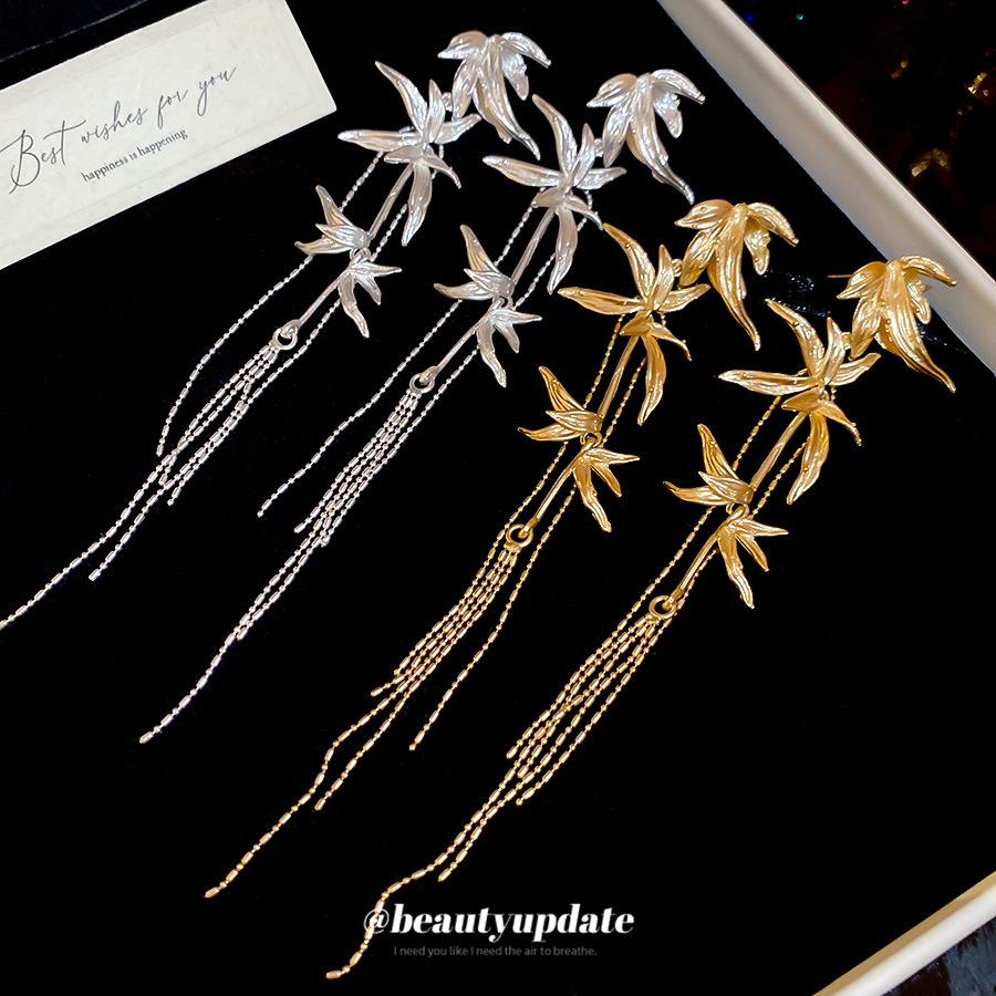 Silver Needle Bamboo Leaf Fringed Metal Earrings New Chinese Temperament Stud Earrings Earrings Earrings Design Sense Niche
