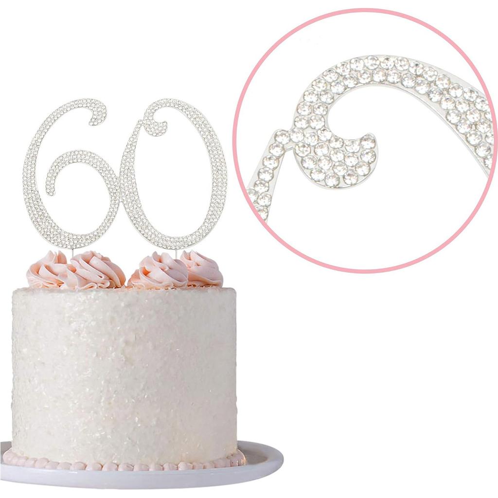 60 Sparkly Rhinestone Decoration Cake Topper - Premium Silver Metal - 60th Birthday or Anniversary Party Makes a Great Centerpie