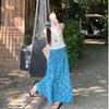 Fashion suit White V-neck short-sleeved T-shirt Women's summer high-waisted and thin floral skirt two-piece set