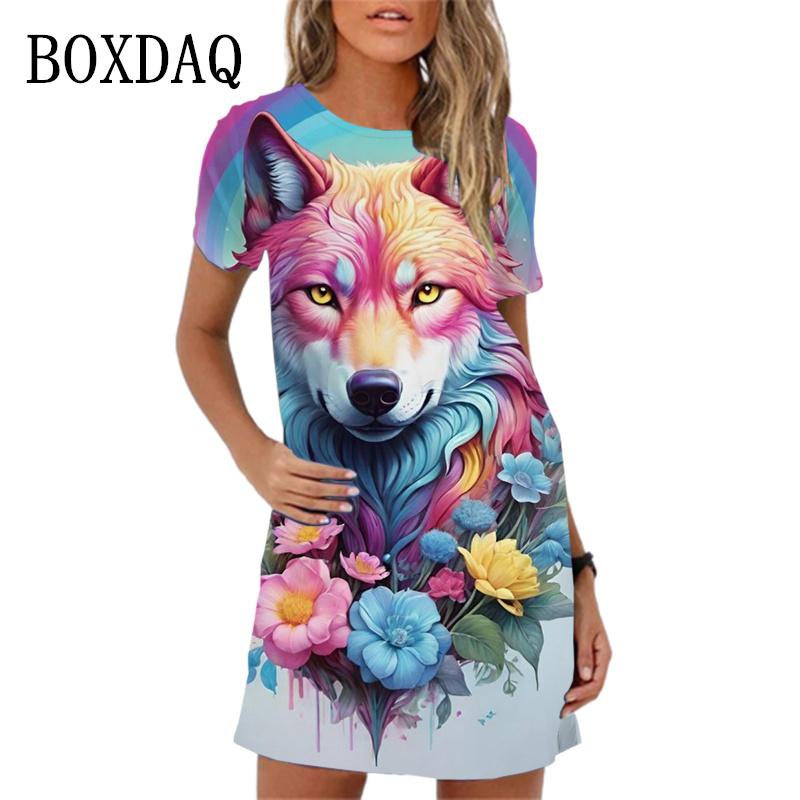 

Cute Cartoon Animal Print Dress For Women’s Casual Dog Cat Short Sleeve Mini Dress 2024 New Summer Woman Dress Vestidos S