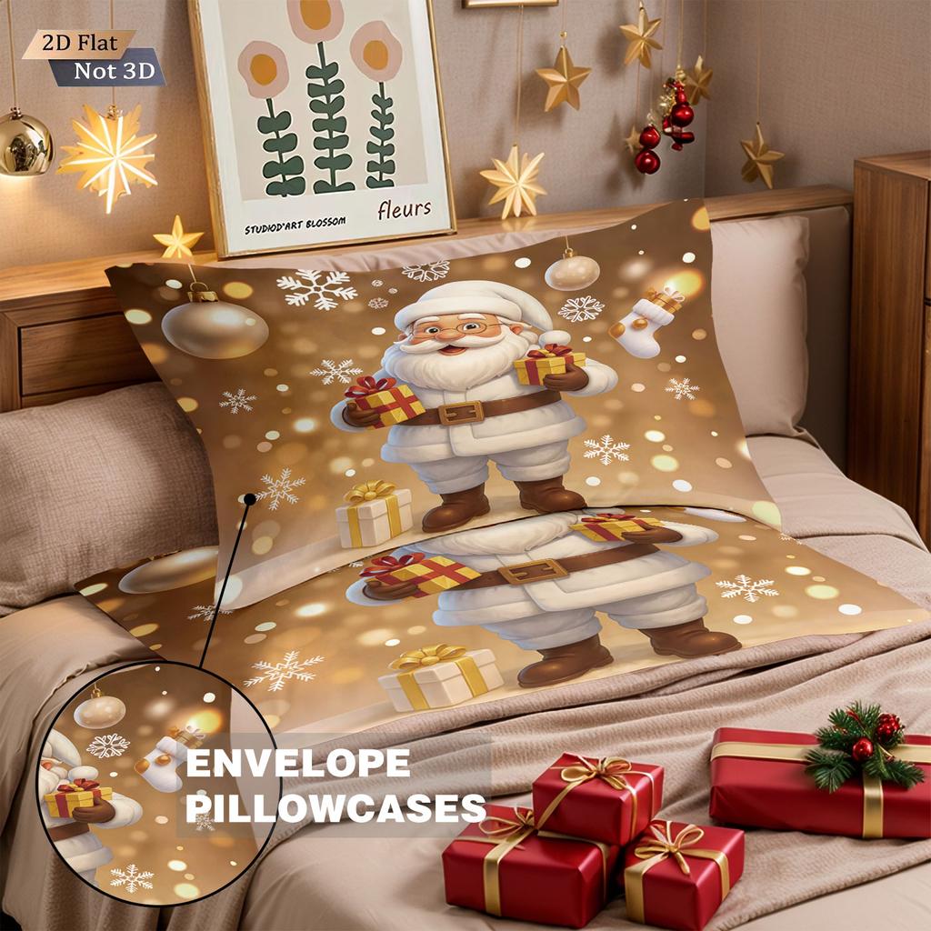 3pcs Merry Christmas Santa Claus Gold Printed Quilt Set Multi Size Dormitory Bedding Holiday Decoration Machine Washable