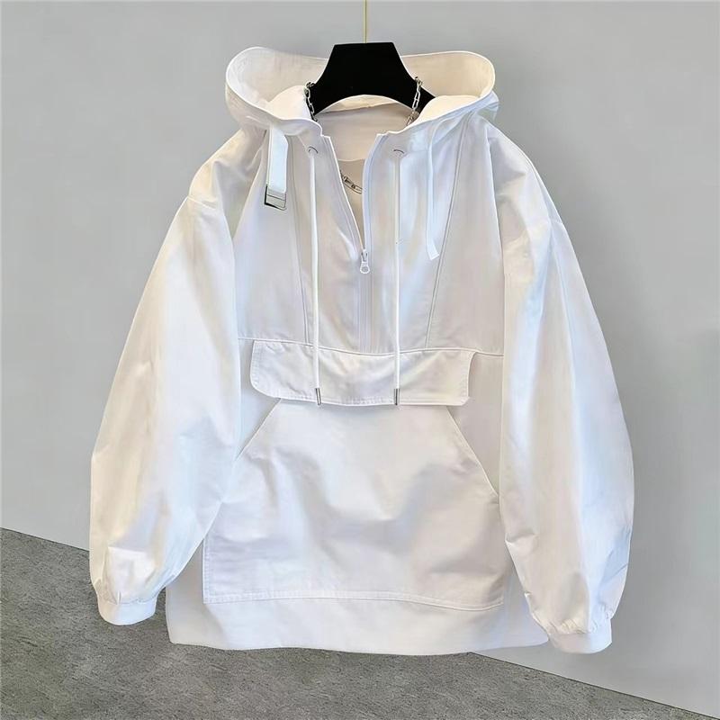 

Women s Casual Hooded Windbreaker Jacket Half-Zip Pullover Coat With Pockets Loose Long Sleeve Outdoor Outerwear XXL білий