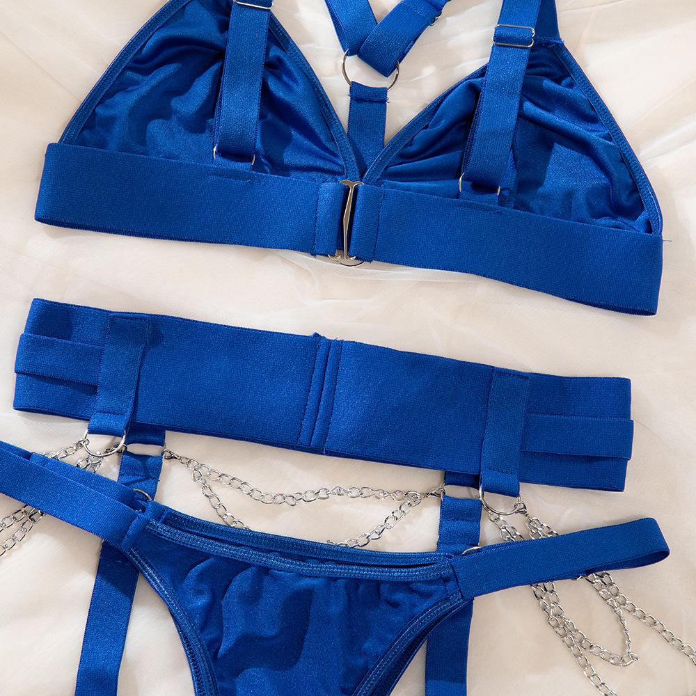 Women's Metallic Chain & Bandage Style Bra Set, Push-Up Corset with Steel Ring for Queen Role Play, Black and Blue