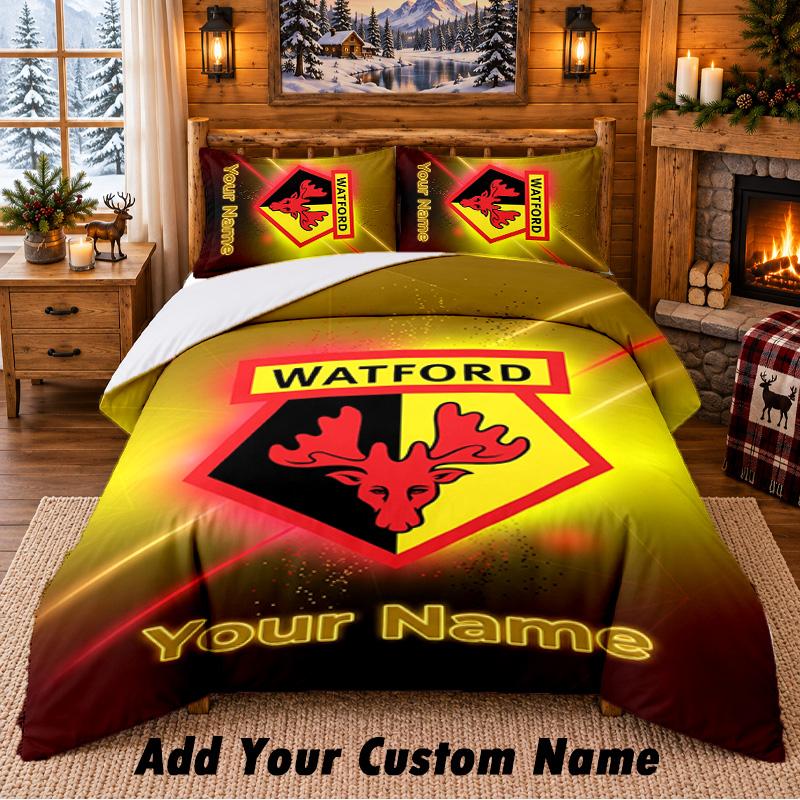 Watford FC Pattern Bedding 3Pcs Set Custom Name, Bed Sheet And Pillowcases For Home Bedroom